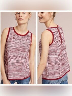 Anthropologie Vanessa Virginia Red & White Texture Stripe Tank Top, Fringe Trim